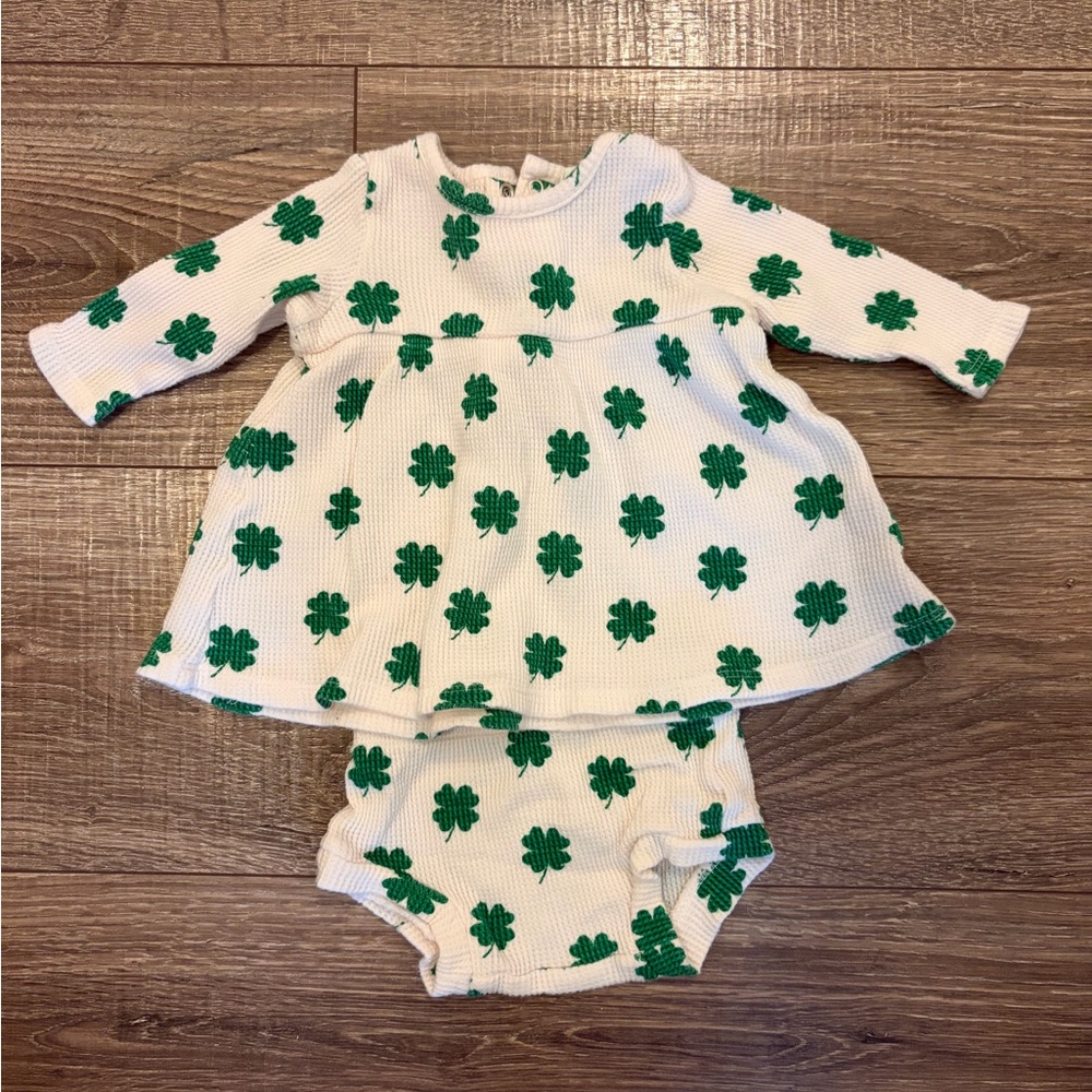 White and Green Clover Baby Dress Set
